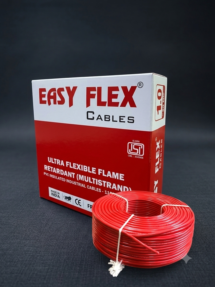 Easyflex Cables packaging box beside a coil of red ultra flexible flame retardant multistrand PVC insulated wire