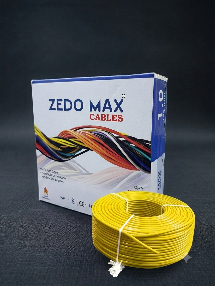 Zedomax Cables packaging box beside a coil of yellow PVC insulated wire
